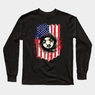 Soccer Ball on American Flag Long Sleeve T-Shirt